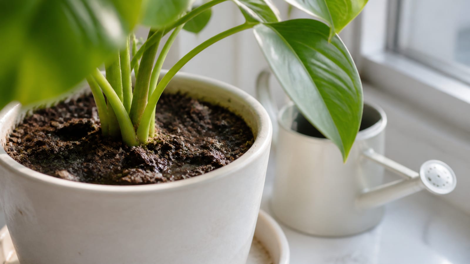 観葉植物の湿った鉢土に小さい虫が出る様子