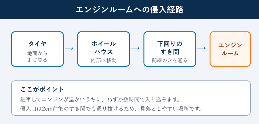 エンジンルームへの侵入経路を示すフロー図
