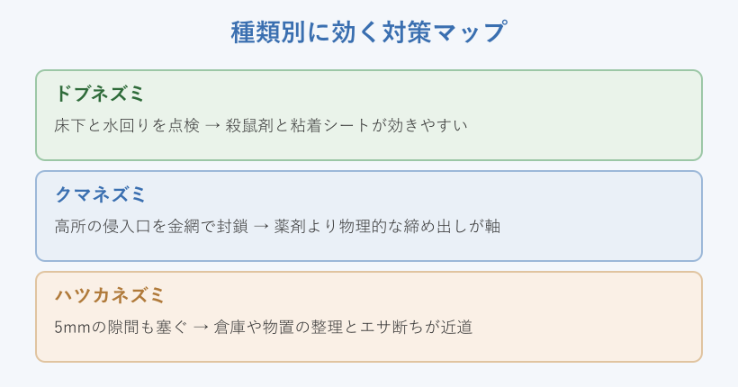 家ネズミの種類別に有効な対策の早見マップ