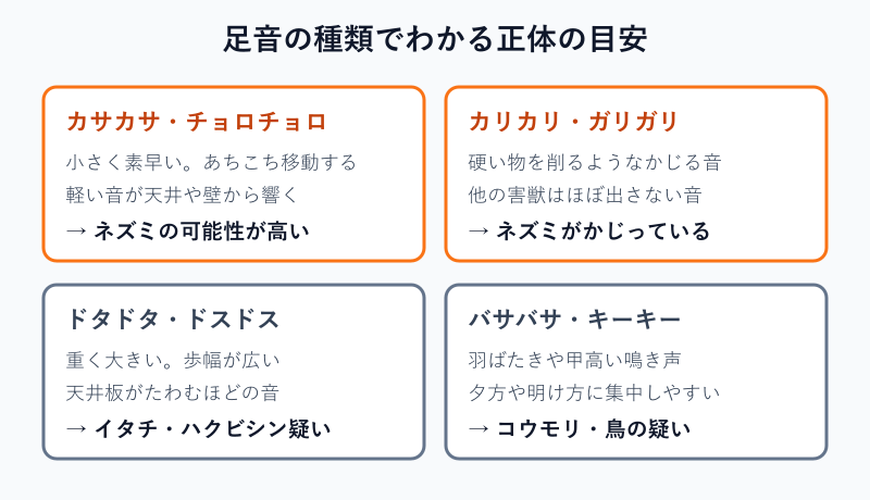 足音の種類別に正体の目安を示した対応マップ