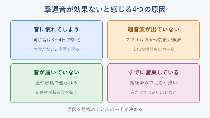 撃退音が効果ないと感じる4つの原因の分類図