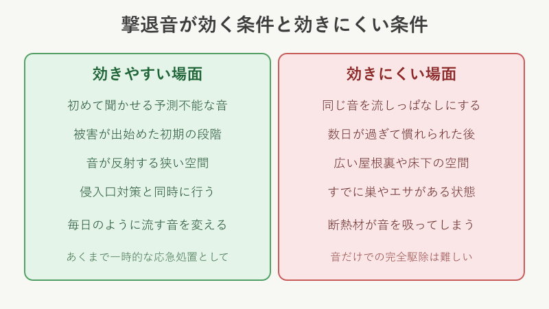 撃退音が効く条件と効きにくい条件の対比