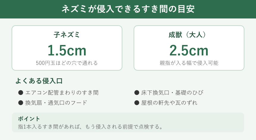 ネズミが侵入できるすき間サイズの図