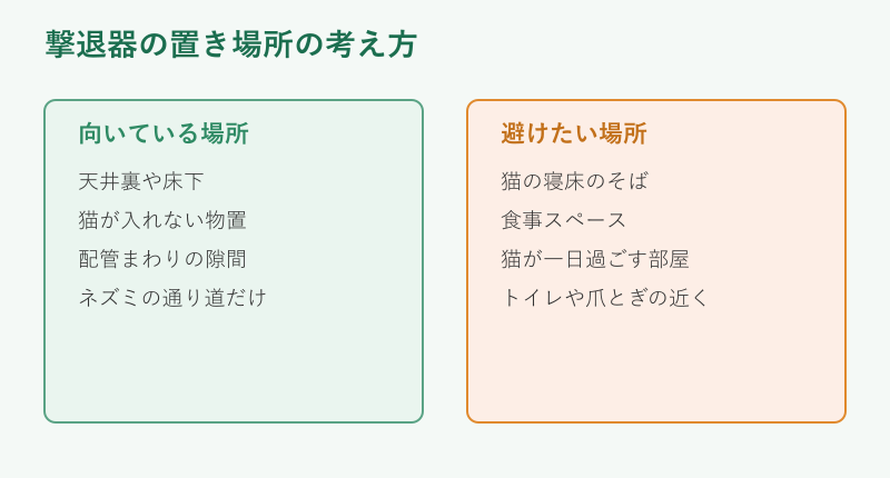 ネズミ撃退器を置くのに向く場所と避けたい場所の対比図