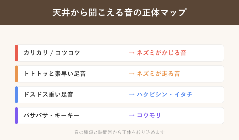 天井から聞こえる音の種類と正体の対応マップ