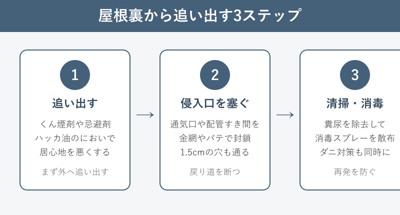 ネズミを追い出す3ステップのフロー図
