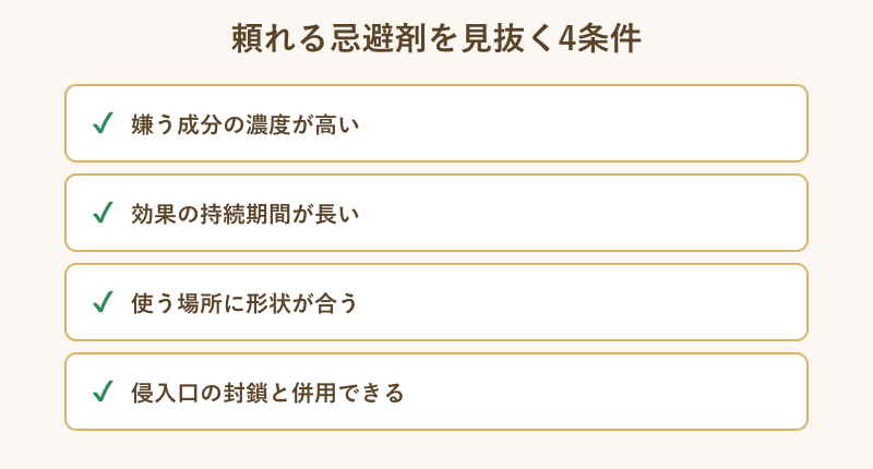 頼れる忌避剤を見抜く4つの条件のチェックリスト