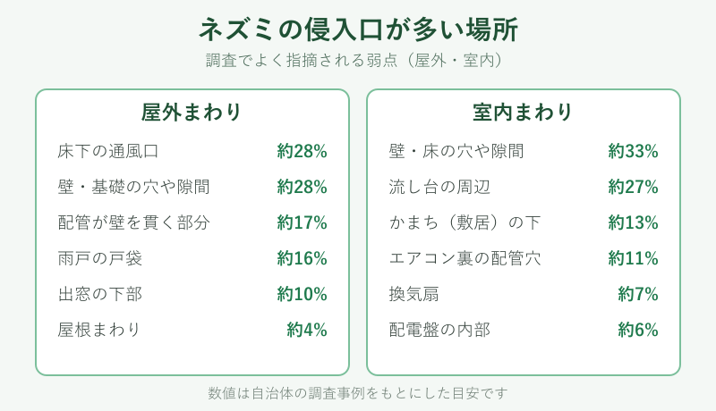 屋外と室内で侵入口になりやすい場所の割合をまとめた図
