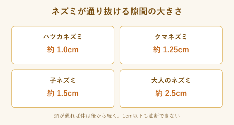 ネズミの種類別に通り抜ける隙間の大きさ