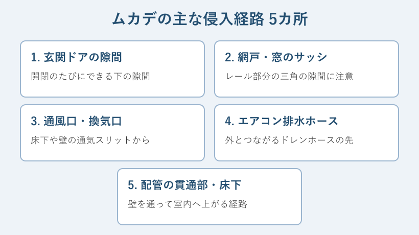 ムカデの主な侵入経路5カ所のマップ