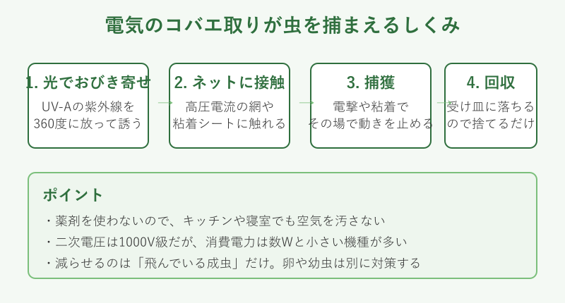 電気のコバエ取りが虫を捕まえるしくみの図