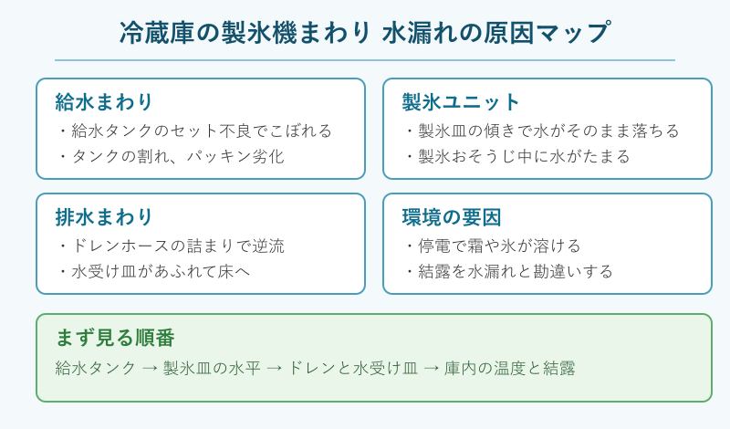 冷蔵庫の製氷機まわりの水漏れ原因を分類した図