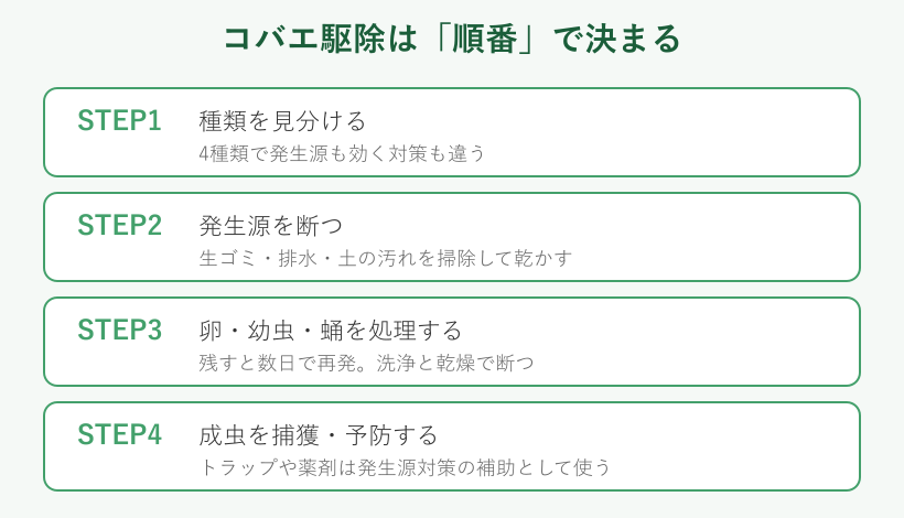 コバエ駆除の4ステップ図