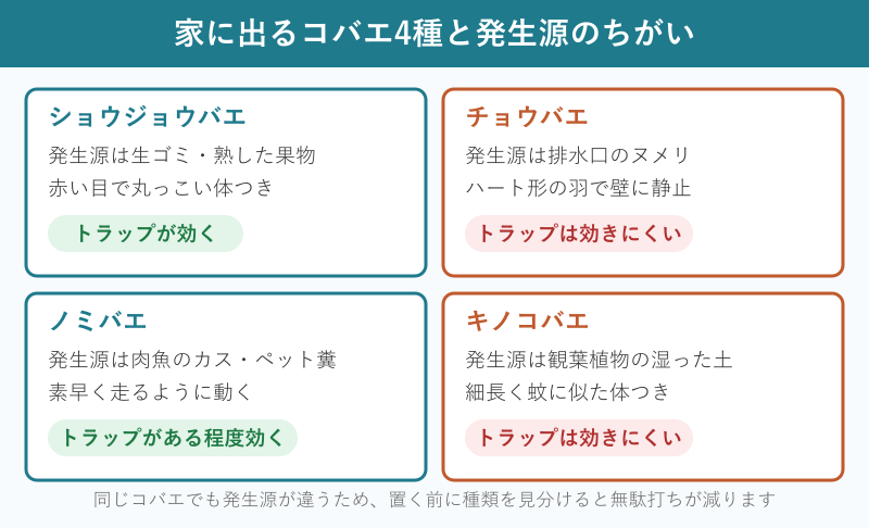 コバエトラップの作り方の前に知る4種と発生源のちがい