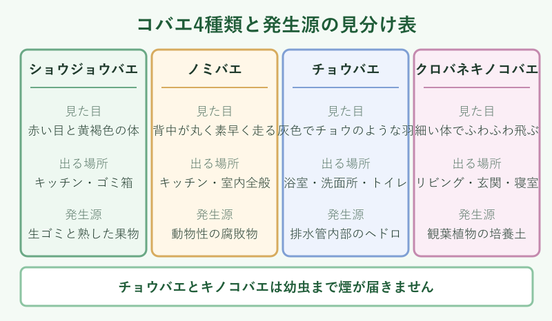 コバエ4種類と発生源の見分け表