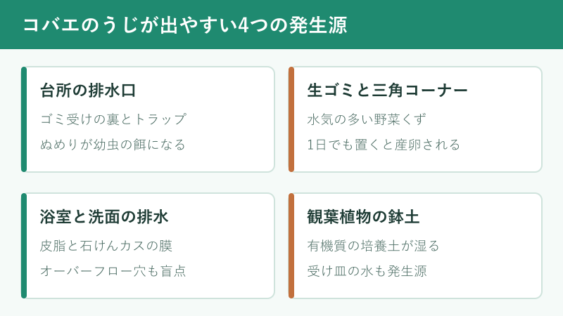 コバエのうじが出やすい発生源の一覧図