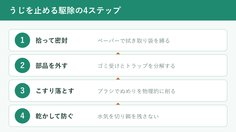 うじを駆除する四つの手順のフロー図